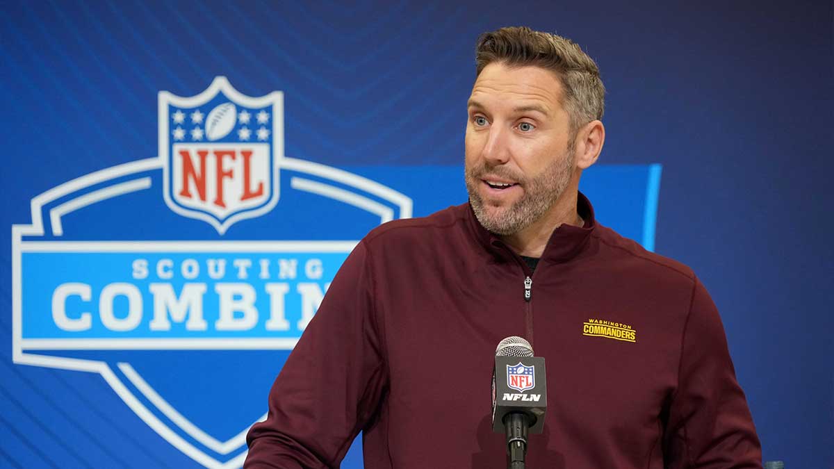 Washington Commanders general manager Adam Peters speaks during the NFL Scouting Combine at the Indiana Convention Center.