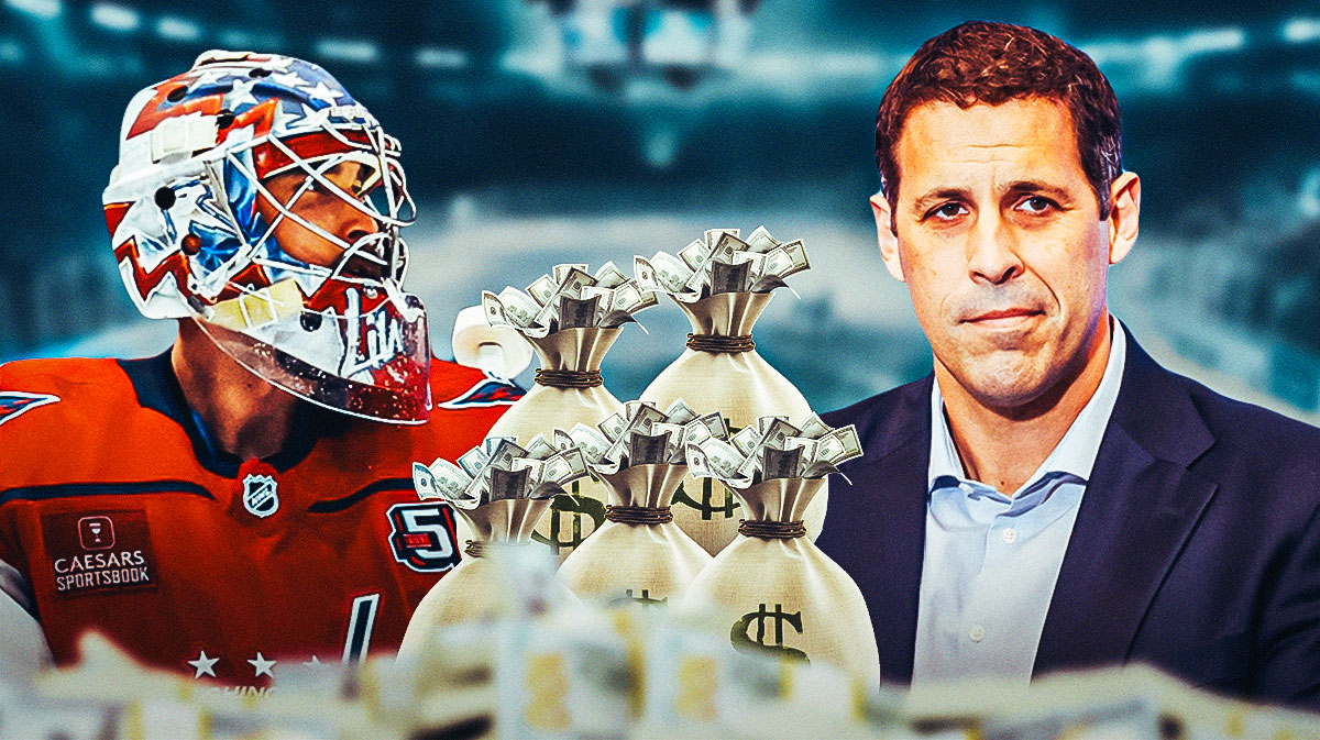 Capitals goalie Charlie Lindgren on the left, Capitals GM Chris Patrick on the right with a sack of money