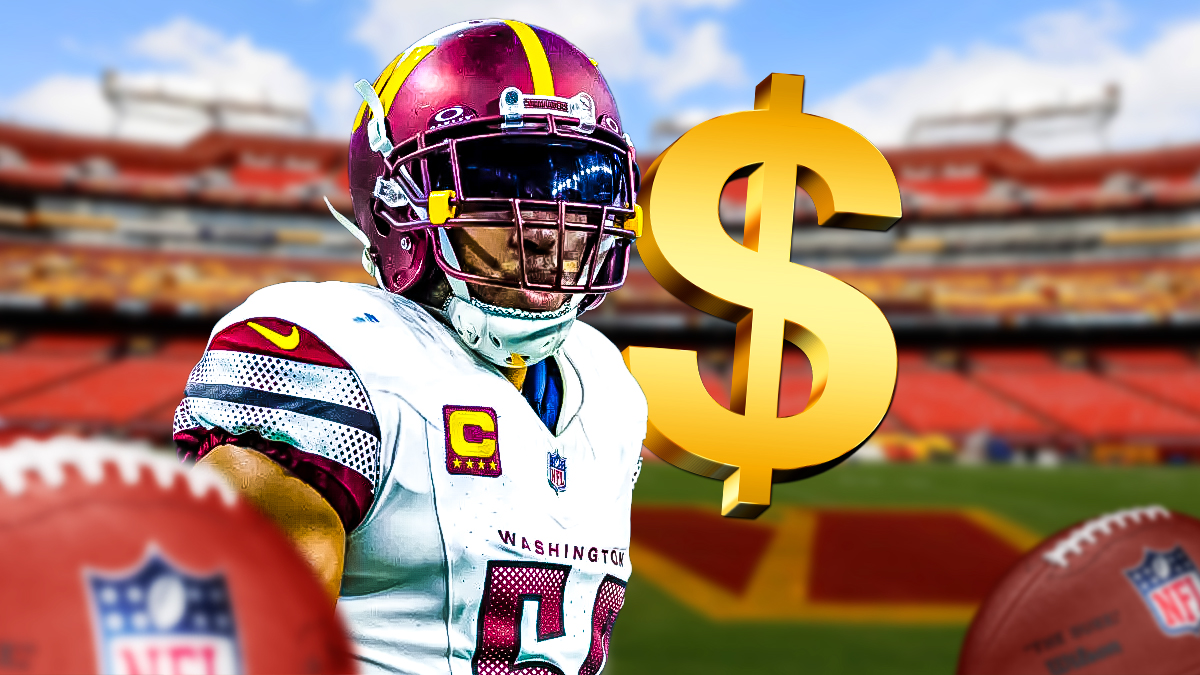 Commanders LB Bobby Wagner, dollar sign next to him, Northwest Stadium in back