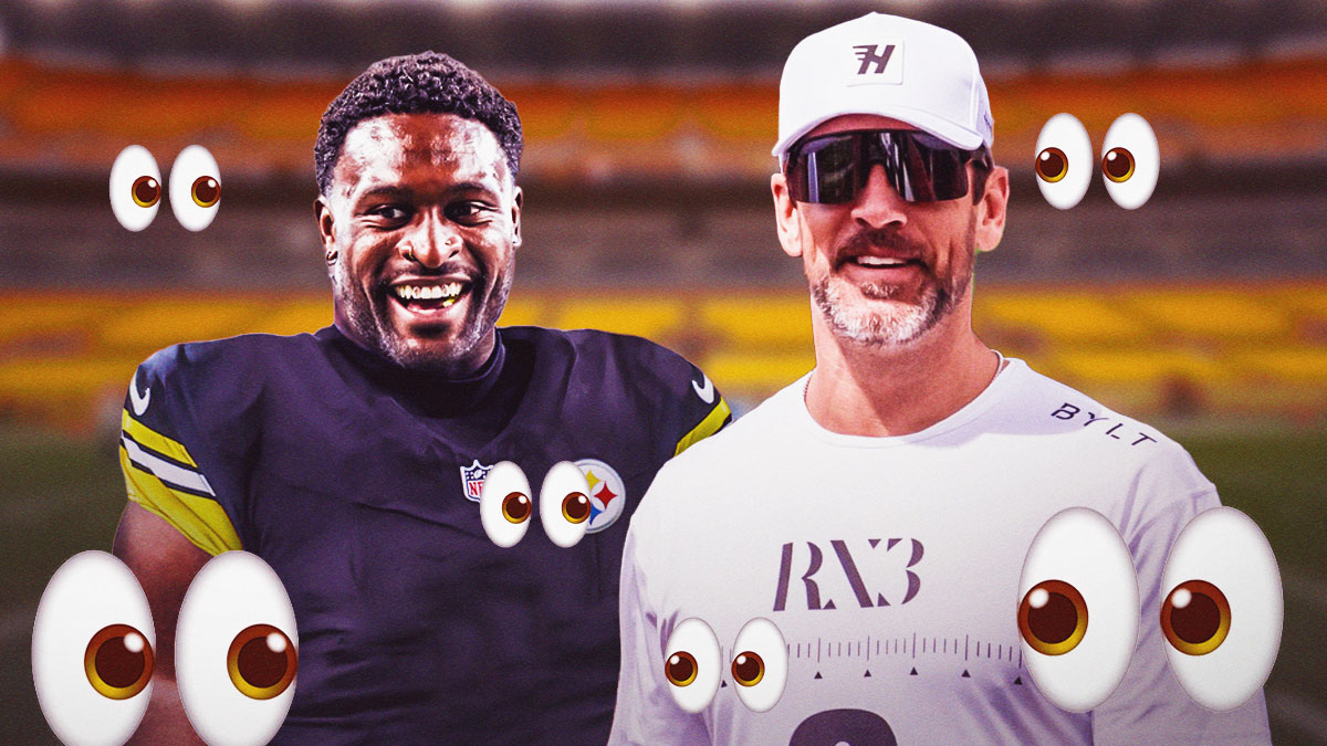 Aaron Rodgers (in street clothes) smiling. DK Metcalf (in a Steelers uniform). Both surrounded by googly emoji eyes