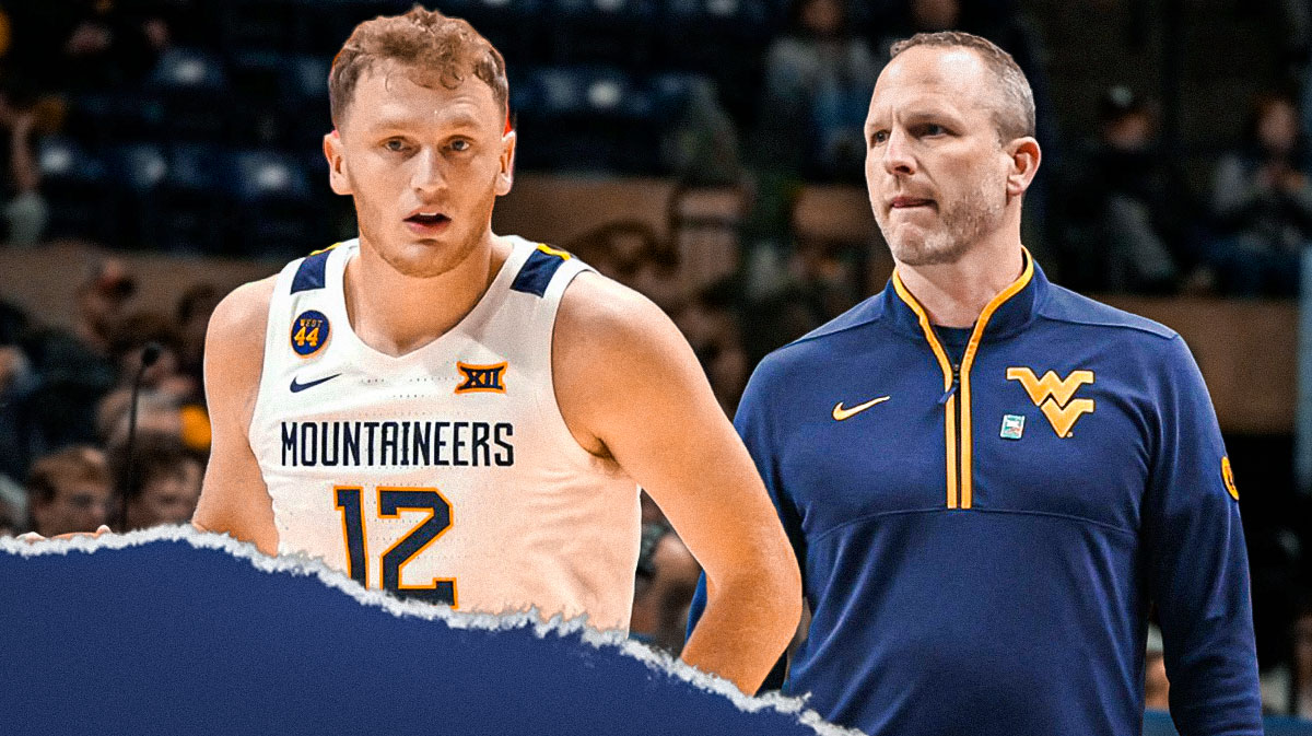 Photo: Tucker DeVries in West Virginia basketball jersey, his dad Darian DeVries beside him