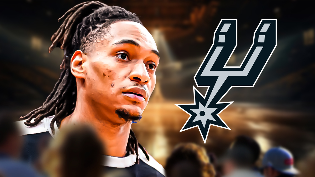 : Devin Vassell looking concerned image, Spurs logo : Devin Vassell looking concerned image, Spurs logo