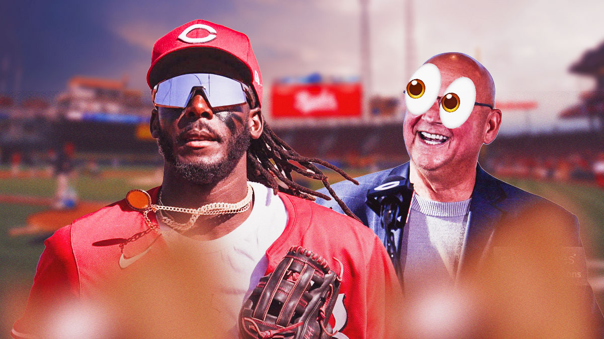 Cincinnati Reds manager Terry Francona with big cartoon eyes looking at Elly De La Cruz in a Cincinnati Reds uniform as De La Cruz had another stolen base during reds spring training.