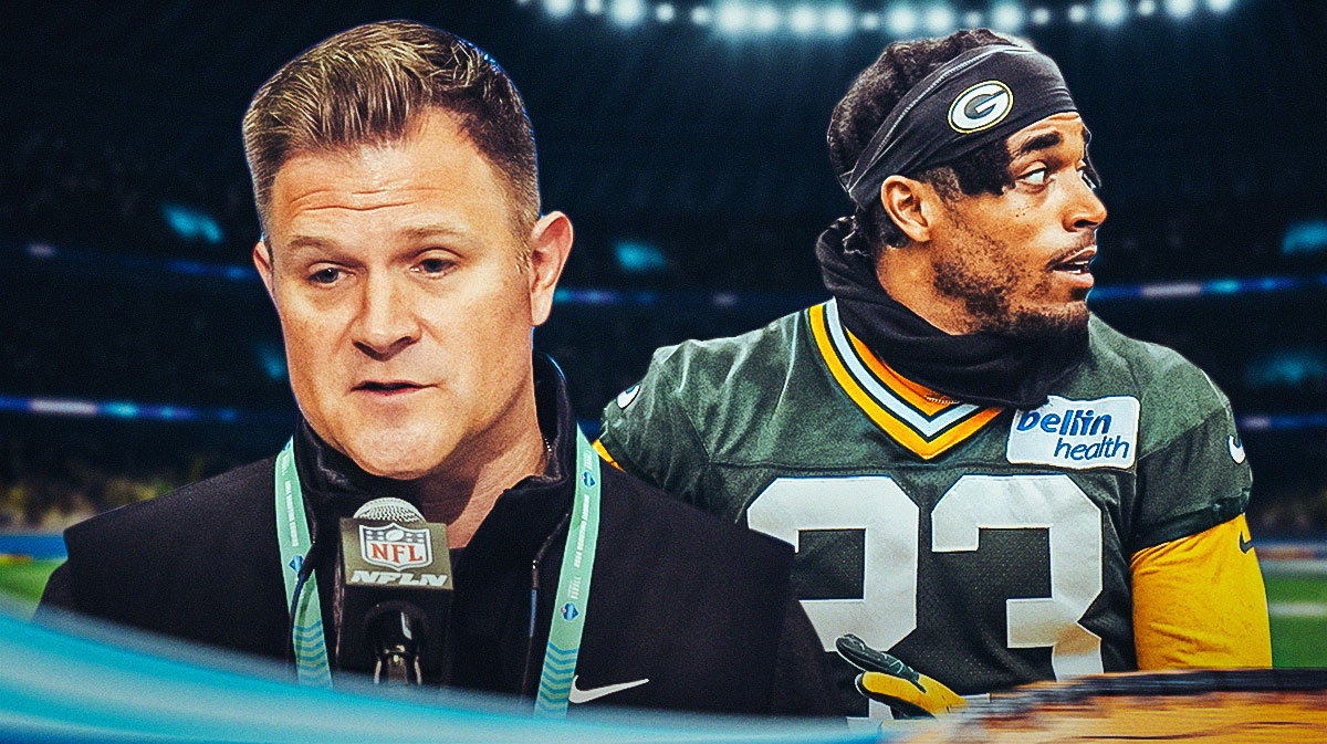 Green Bay Packers star Jaire Alexander and Brian Gutekunst in front of Lambeau Field.