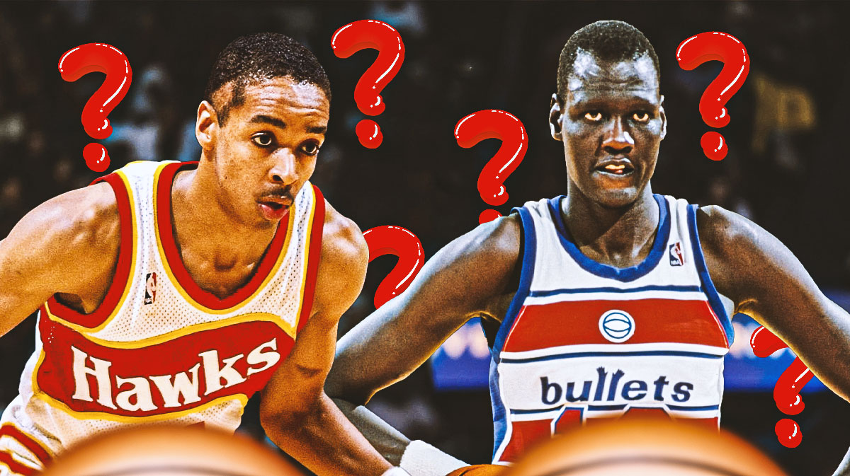 MBA players Spudd Webb and Manute Bol with question marks all around.