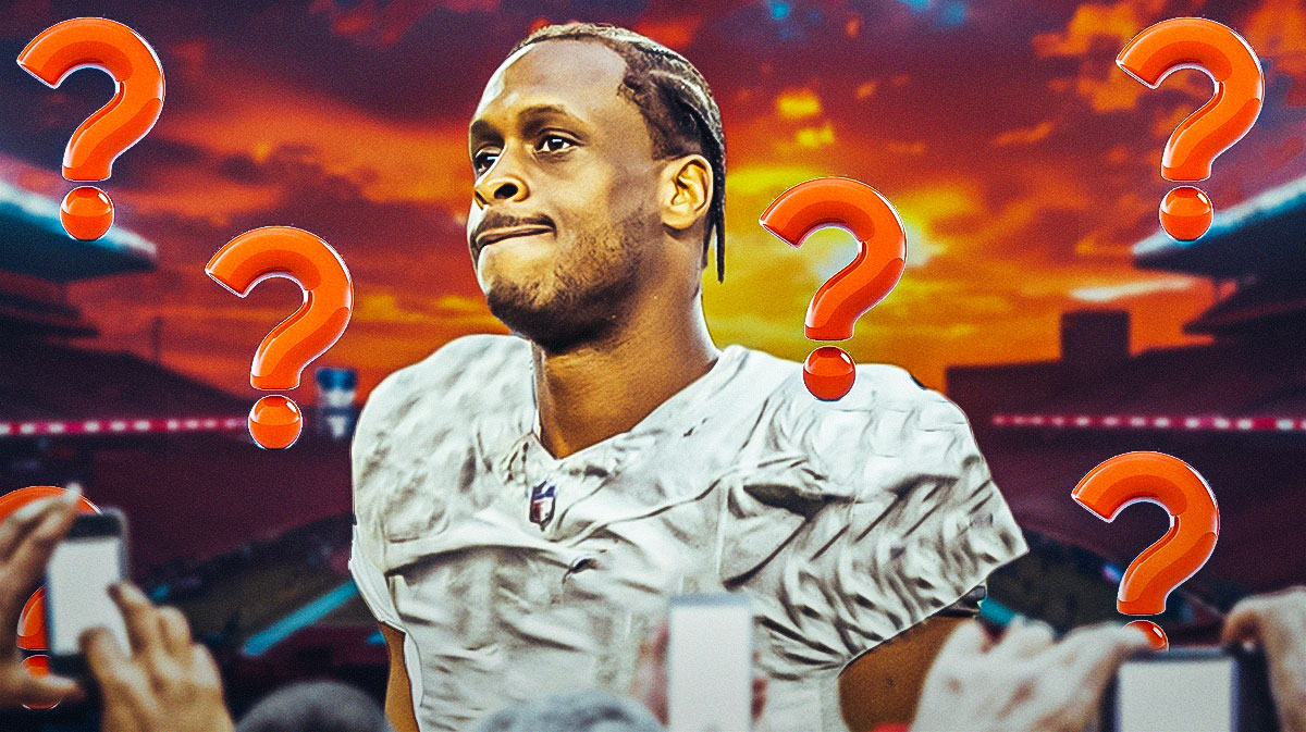 Geno Smith in a Raiders jersey with question marks around the picture.