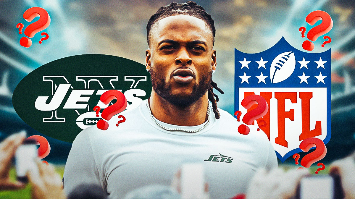 Jets WR Davante Adams surrounded by question mark emojis. There are also logos for the New York Jets and the NFL.