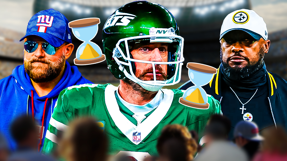 Giants coach Brian Daboll and Steelers coach Mike Tomlin with Aaron Rodgers in between them and half full / half empty hour glass emojis around as rodgers continues to keep the steelers and giants waiting.