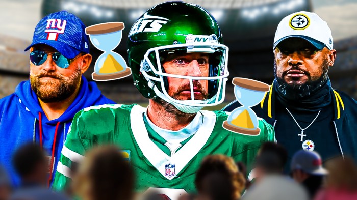 Giants coach Brian Daboll and Steelers coach Mike Tomlin with Aaron Rodgers in between them and half full / half empty hour glass emojis around as rodgers continues to keep the steelers and giants waiting.