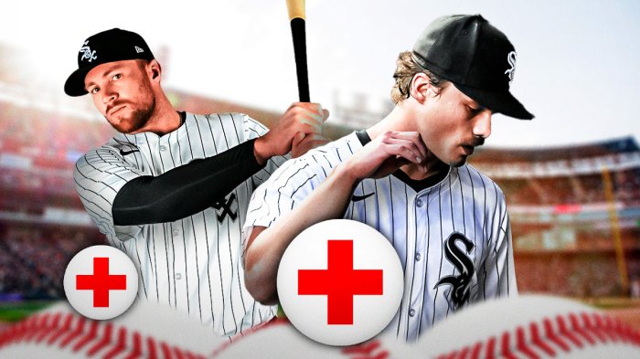 Drew Thorpe in a Chicago White Sox uniform and Brandon Drury in a White Sox uniform with red and white first aid symbols as injuries hurt the white sox's chances in 2025 with drew thorp's injury.