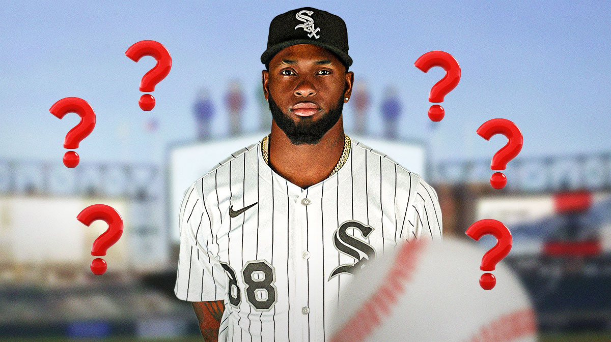 Photo: Luis Robert in White Sox jersey with question marks above him