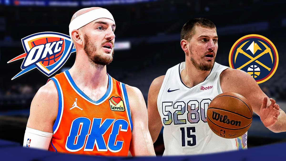 Thunder guard Alex Caruso next to Nuggets All-Star Nikola Jokic with the Thunder and Nuggets logos in the background