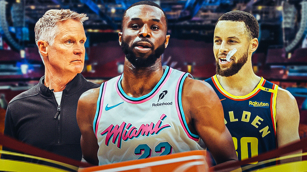 Miami Heat star Andrew Wiggins in a Heat uniform in the middle of Steve Kerr and Stephen Curry in front of Kaseya Center.