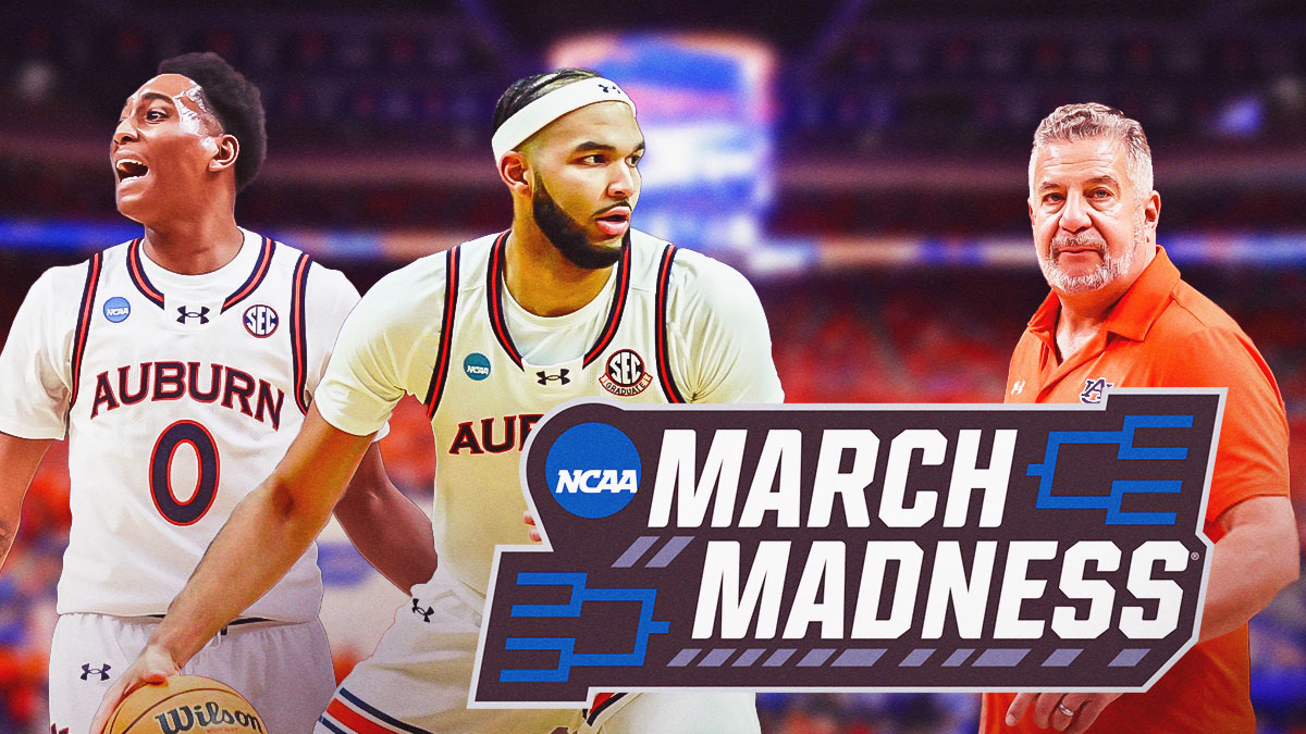 March Madness logo with Auburn's Bruce Pearl on one side, Johni Broome and Tahaad Pettiford on the other