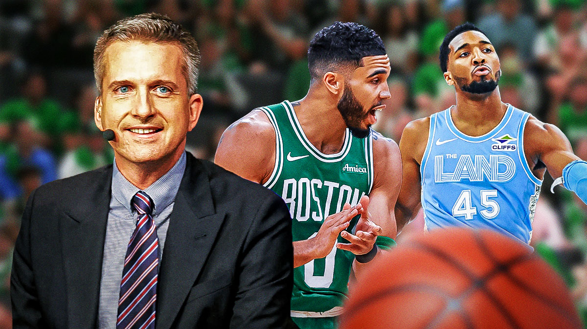 Featured Graphic idea: Image of Bill Simmons next to image of Celtics Jayson Tatum looking upset next to image of Cavs Donovan Mitchell looking happy