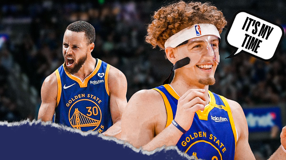 Warriors' Brandin Podziemski smiling, with speech bubble on him: IT'S MY TIME, with Stephen Curry beside him