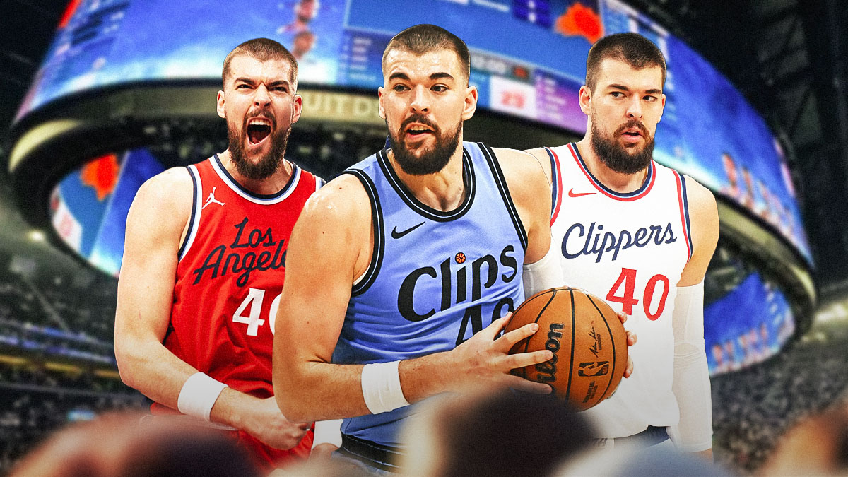Three players but all three are Clippers Ivica Zubac, one in navy blue Clippers jersey, one in red Clippers jersey, one in white clippers jersey. Inside of Intuit Dome behind him and a stripe at the bottom with the Clippers logo