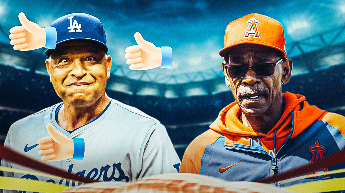 Dodgers manager Dave Robert’s with a thumbs up emoji next to him and Angels manager Ron Washington next to him.