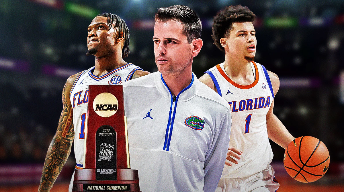 Walter Clayton Jr., Alijah Martin, and head coach Todd Golden and the college basketball national championship trophy.