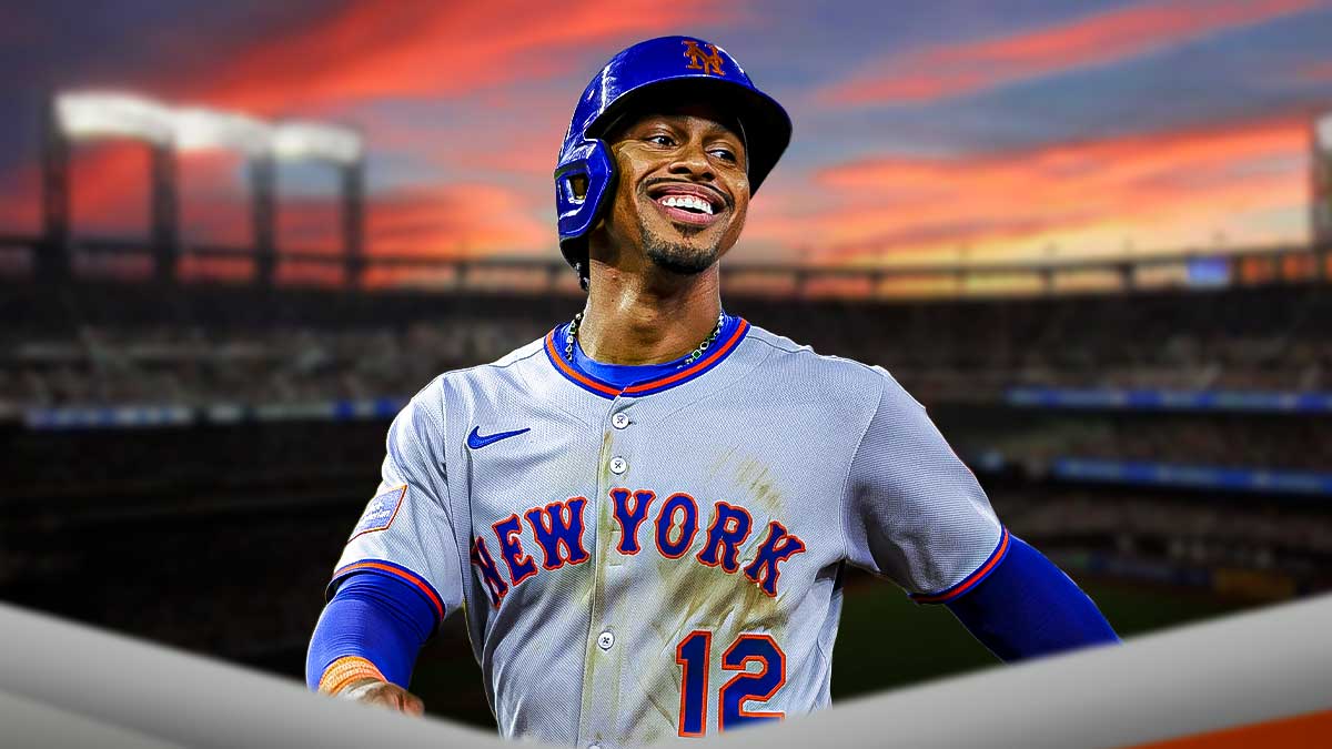 Mets star Francisco Lindor, Citi Field behind him