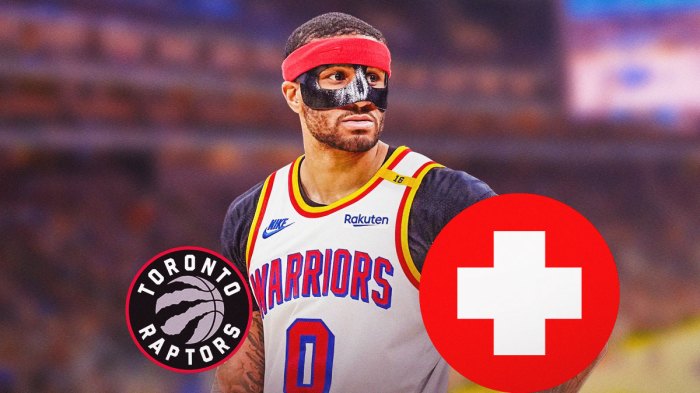 Warriors' Gary Payton II, medical cross next to him, Raptors
