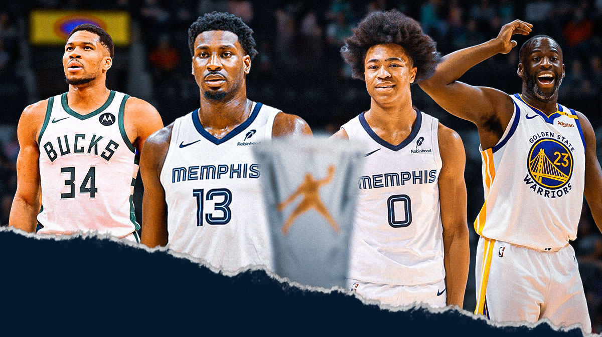 Jaylen Wells, Jaren Jackson Jr., Draymond Green, Giannis Antetokounmpo, NBA Defensive Player of the Year trophy
