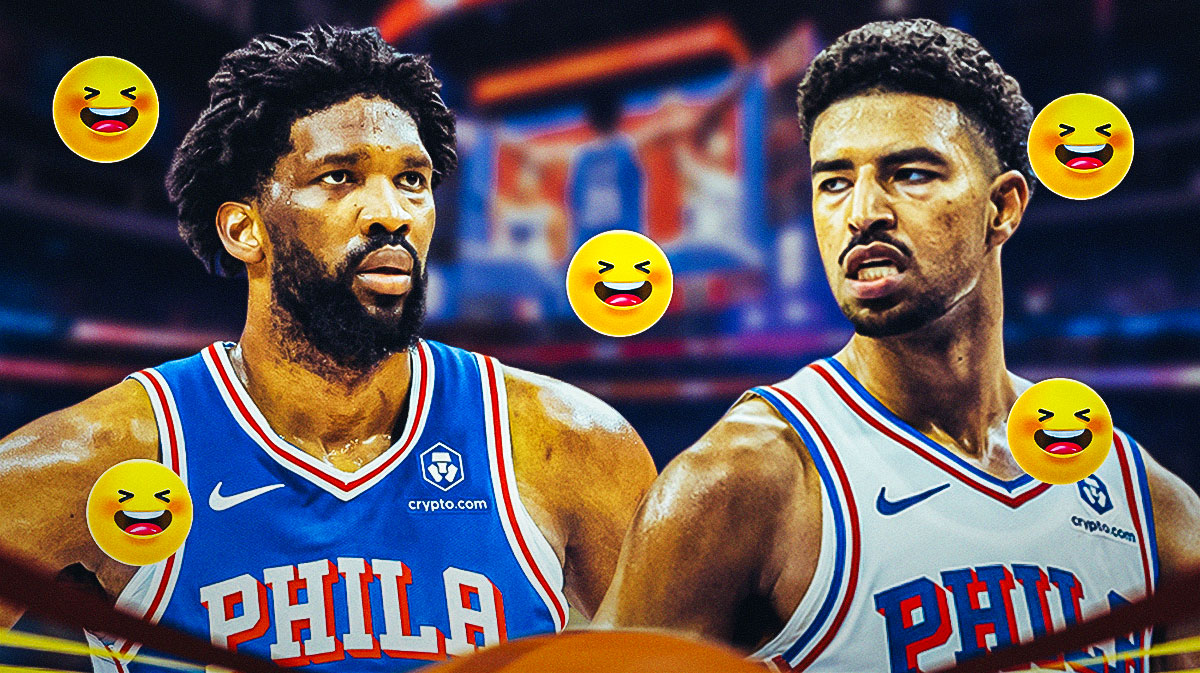 Joel Embiid and Quentin Grimes with laughing emojis around the picture.