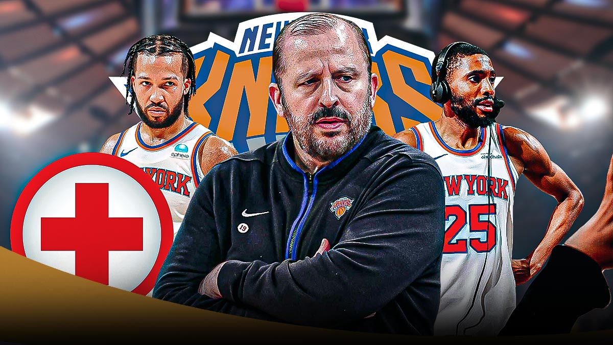 Jalen Brunson Knicks on the left with a white/red medical cross in front of him. Tom Thibodeau Knicks coach looking angry in the middle. Mikal Bridges talking to the media on the right. Madison Square Garden behind all of them with blue stripe/Knicks logo on the bottom.