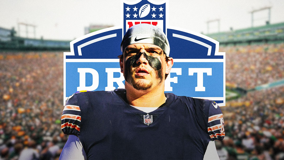 Will Campbell in a Chicago Bears uniform, 2025 NFL Draft wallpaper in the background