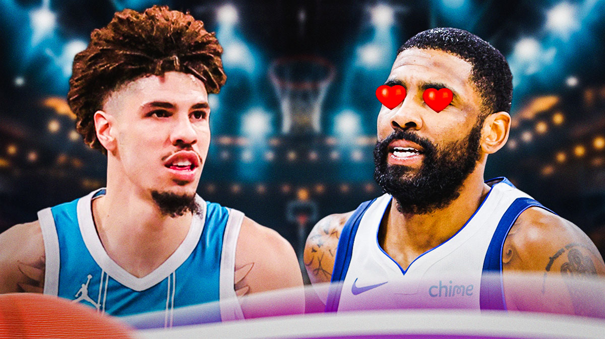 Mavericks' Kyrie Irving with heart emojis for eyes looking at Hornets' LaMelo Ball