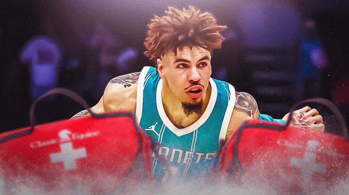 Photo: LaMelo Ball in Hornets jersey in action, medical kit beside him
