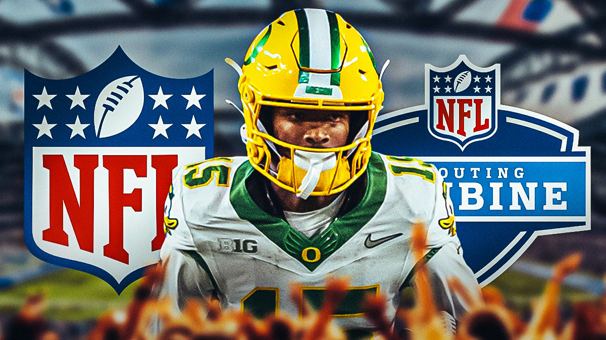 Oregon football wide receiver Tez Johnson running in center, NFL logo on left side, NFL Scouting Combine logo on right side, Lucas Oil Stadium (host of the NFL Scouting Combine) in background