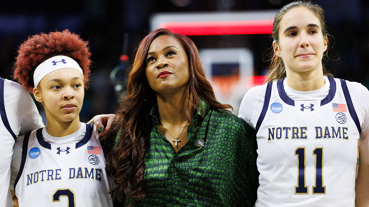 Notre Dame head coach Niele Ivey, center, guards Hannah Hidalgo (3) and Sonia Citron (11) look on after winning the second round of the NCAA Women's Basketball Tournament 76-55 against Michigan at Purcell Pavilion on Sunday, March 23, 2025, in South Bend.