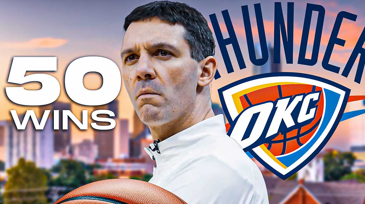 Thunder head coach Mark Daigneault next to Thunder logo with the Oklahoma City skyline and 50 WINS in the background