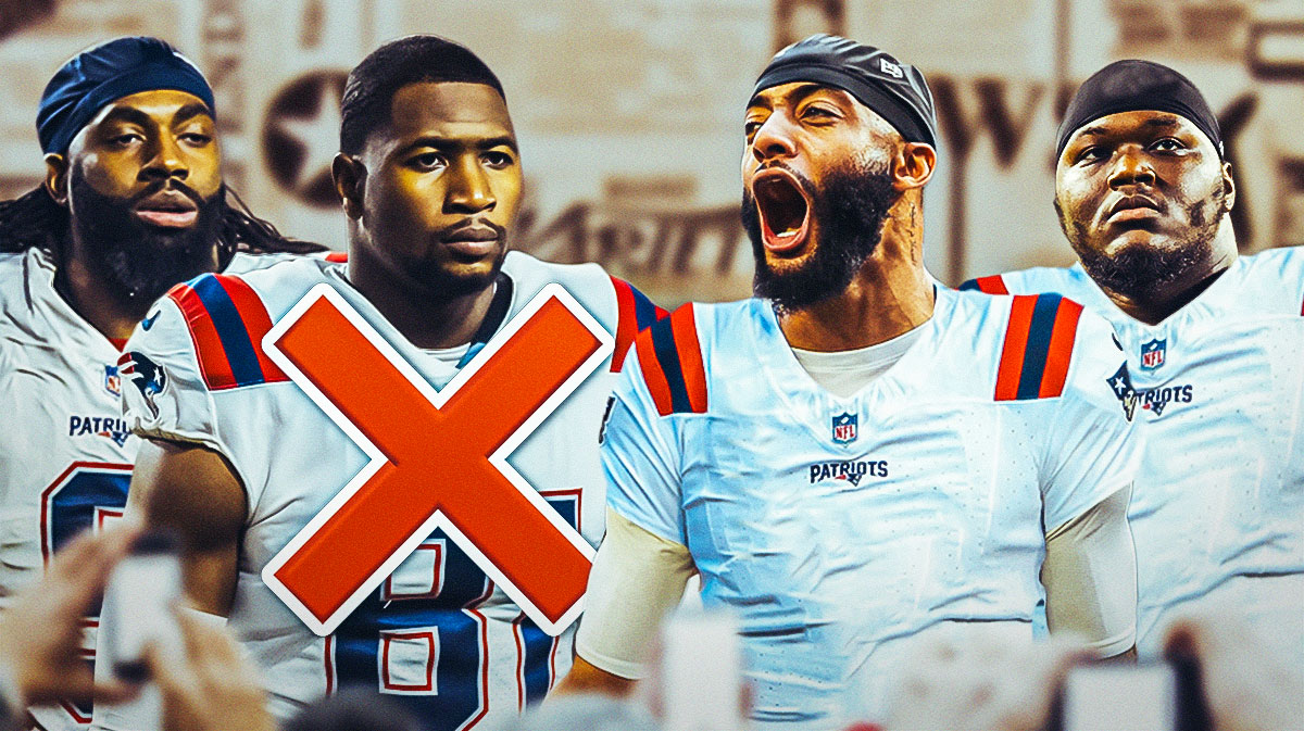 A newspaper as the background, Milton Williams and Carlton Davis on one side in New England Patriots jerseys (jersey swap), Matthew Judon and Jonnu Smith (in New England Patriots jerseys, should not be a jersey swap) with "X's" over them. Patriots 2025 free agency