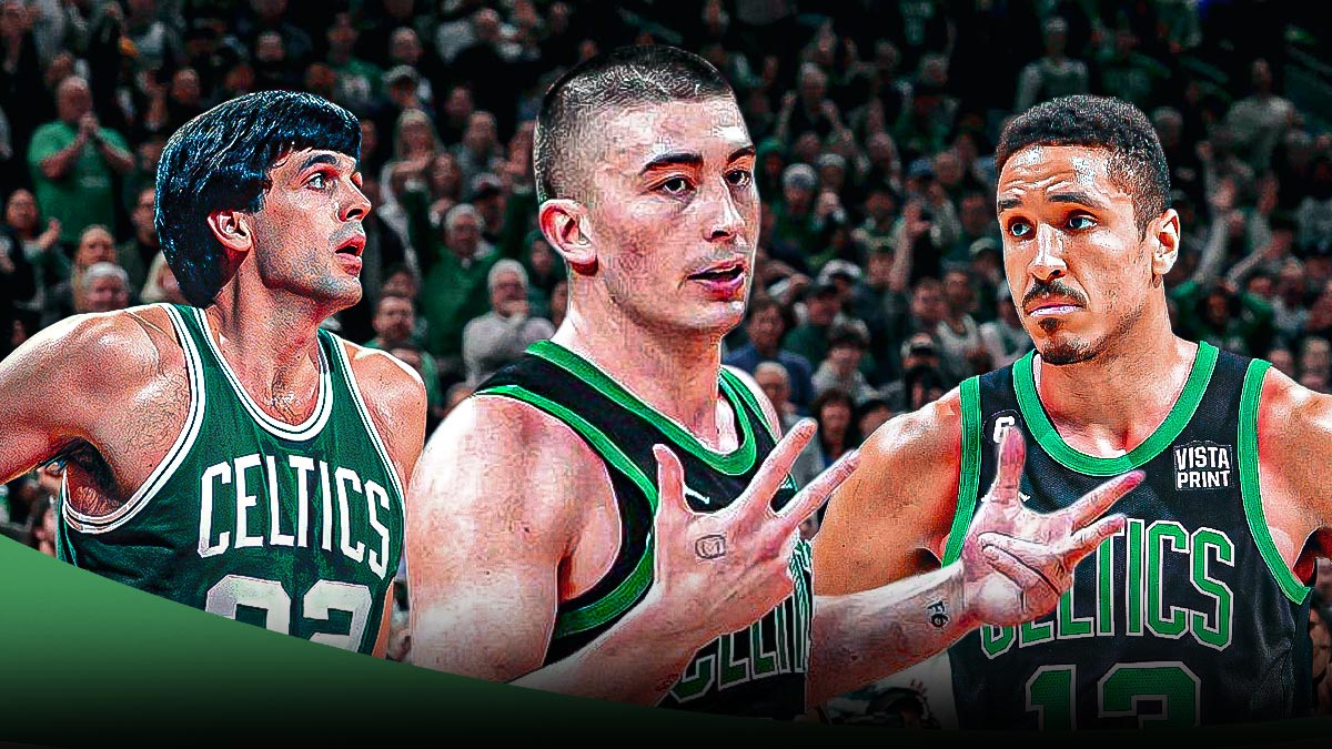 Payton Pritchard looking hyped next to Kevin McHale (Celtics jersey) and Malcolm Brogdon (Celtics jersey)
