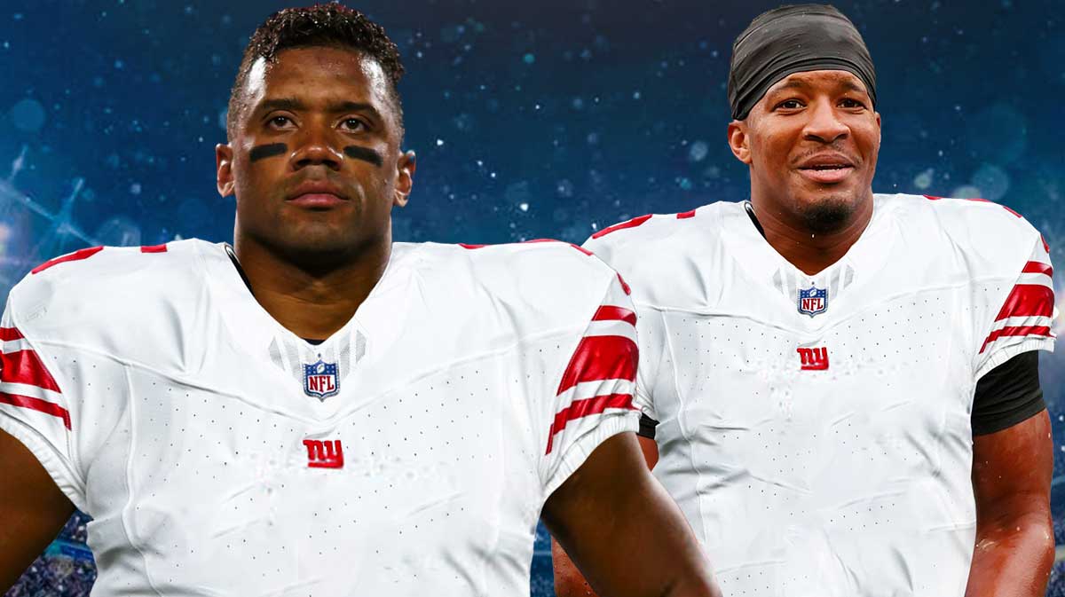 New York Giants quarterback Jameis Winston next to Russell Wilson in a Giants uniform