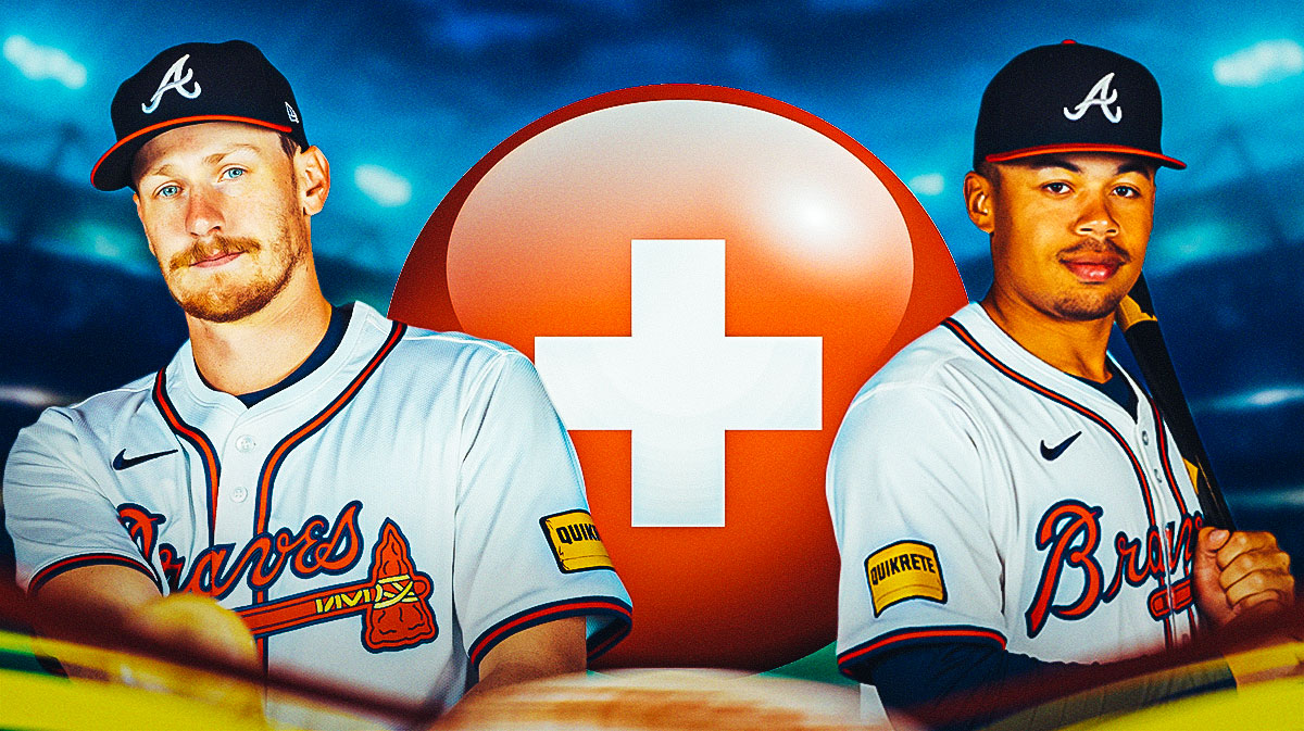 Sean Murphy in an Atlanta Braves uniform and Drake Baldwin in a Braves uniform with a red and white first aid symbol as Baldwin had an injury scare for the Braves in spring training.