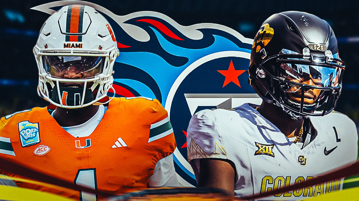 The Tennessee Titans logo in the middle, Cam Ward on one side, Shedeur Sanders on the other side, a bunch of the big eyes emojis in the background