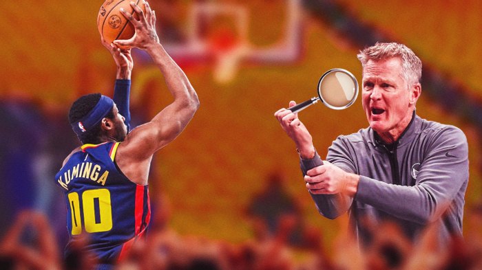 Steve Kerr watching Jonathan Kuminga soar for a dunk with a magnifying glass.