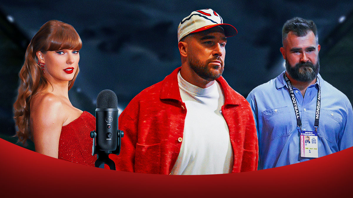 Taylor Swift next to her boyfriend Travis Kelce and his New Heights podcast co-host Jason Kelce.