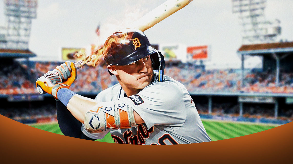 Tigers' Spencer Torkelson swinging a baseball bat with fire coming off the bat. Make the background Comerica Park.
