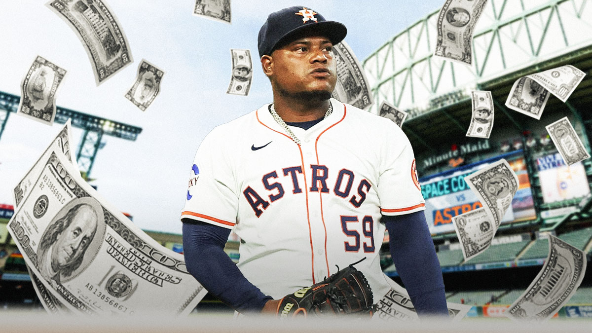Astros star Framber Valdez standing while money rains around him.