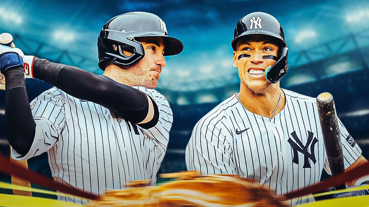 Yankees Cody Bellinger and Yankees Aaron Judge both swinging baseball bats at Yankee Stadium.