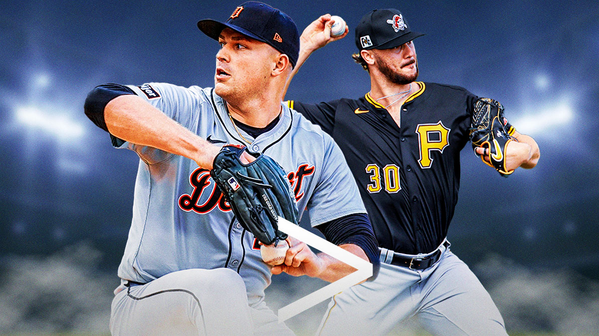 Tarik Skubal in a Detroit Tigers uniform pitching and Paul Skenes in a Pittsburgh Pirates uniform pitching with a greater than symbol > between them as paul skenes finished second to skubal in recent poll.