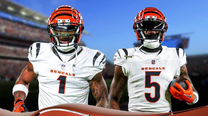 Ja'Marr Chase and Tee Higgins in front of the Bengals stadium.