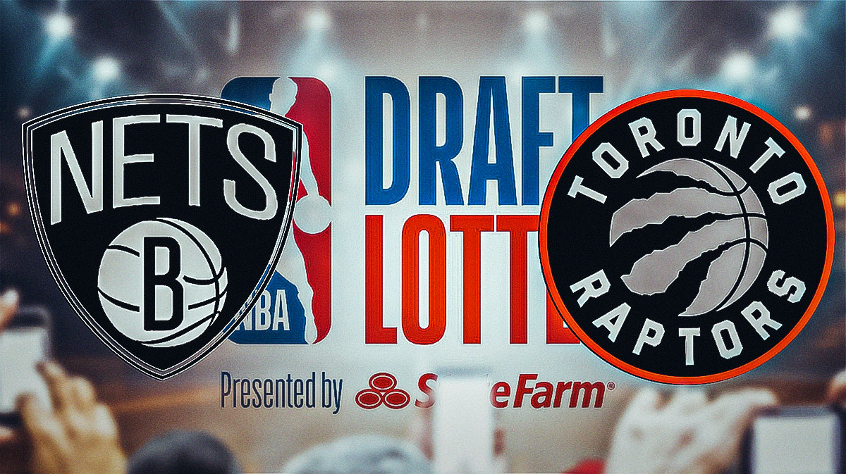Nets and Raptors logos with NBA Draft lottery logo in the middle and red arrows point down and green arrows pointing up around it