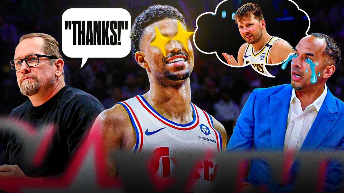 76ers' Quentin Grimes with Nick Nurse telling Mavs' Nico Harrison "Thanks!"