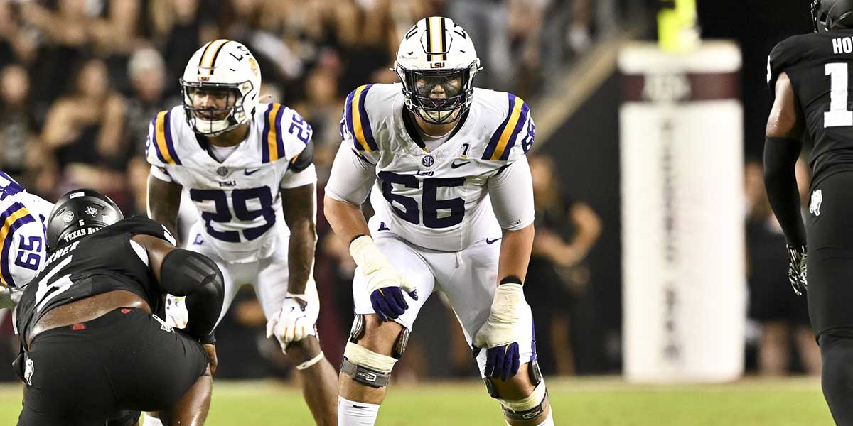 LSU Tigers offensive tackle Will Campbell (66) lines up during the second half against the Texas A&M Aggies. The Aggies defeated the Tigers 38-23; at Kyle Field. Mandatory Credit: Maria Lysaker-Imagn Images.