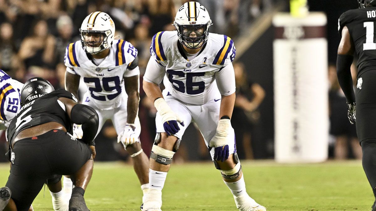 LSU Tigers offensive tackle Will Campbell (66) lines up during the second half against the Texas A&M Aggies. The Aggies defeated the Tigers 38-23; at Kyle Field.